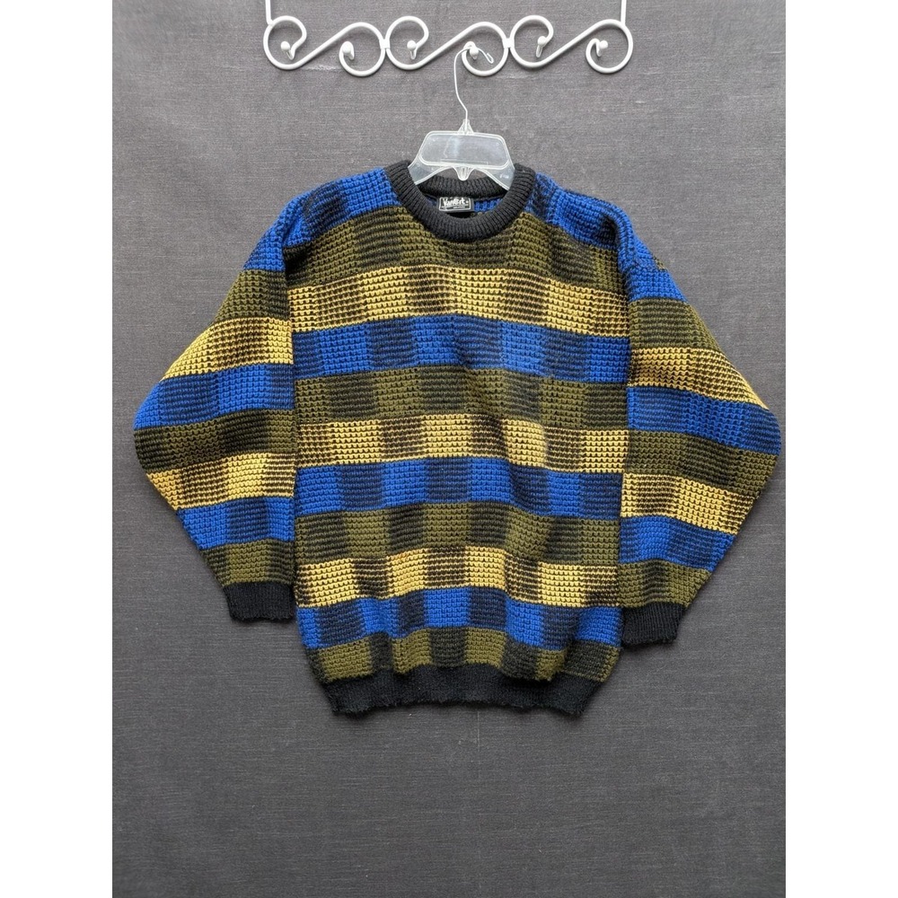 Vintage 90s Van Cort Blue/Green Open Knit Sweater Dad Grandpa Men's Size L